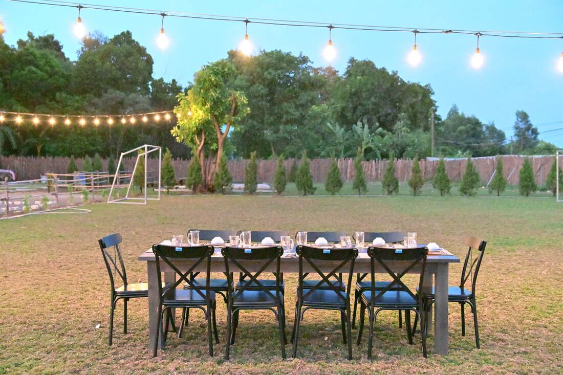 A long table and chairs set for dinner under string lights on a back lawn